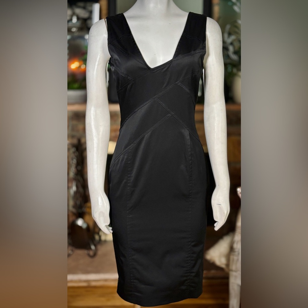 Flavio Castellani Black Stretch Asymmetrical Neckline Sheath Dress, Szs 2 & 6